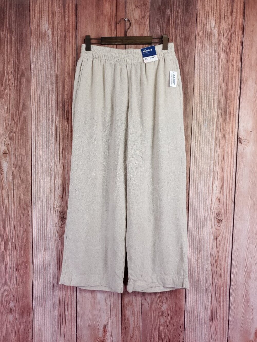 NWT Old Navy High Rise Wide Leg Pants Womens Medium Linen Blend Pull On Beige